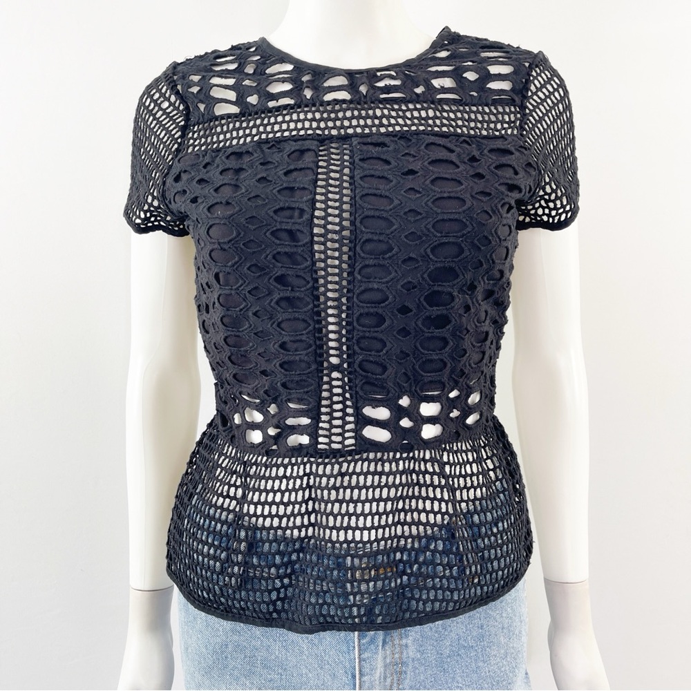 NFC New Friends Colony Black Eyelet Embroidered Top Size S Short Sleeve